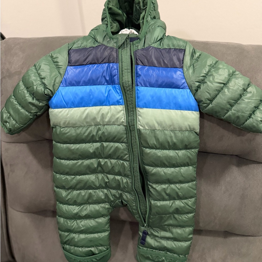 Primary Green One-Piece Puffer Footie with Blue and Navy Stripes